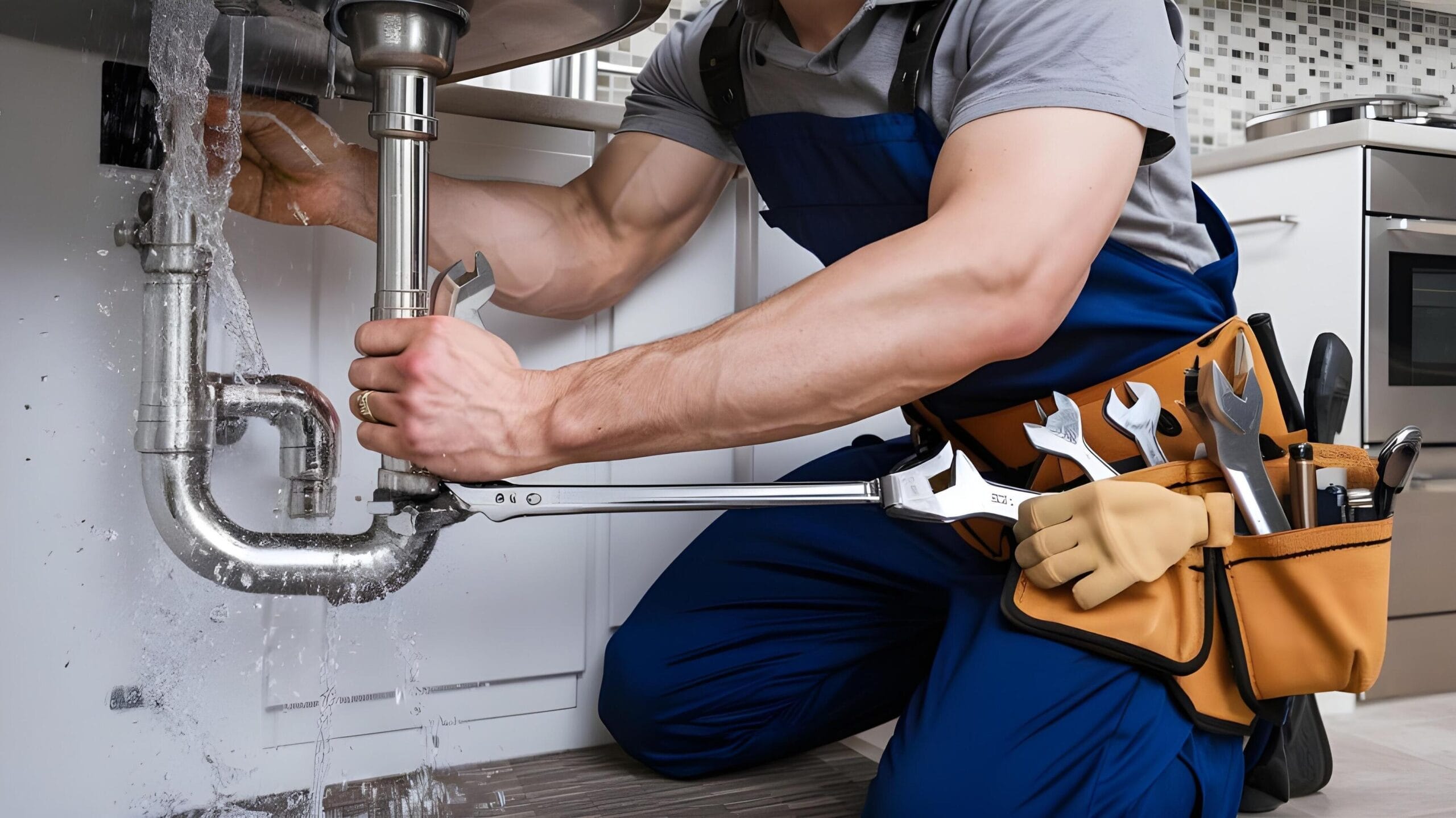 Plumber tightening a residential plumbing pipe in Port Charlotte
