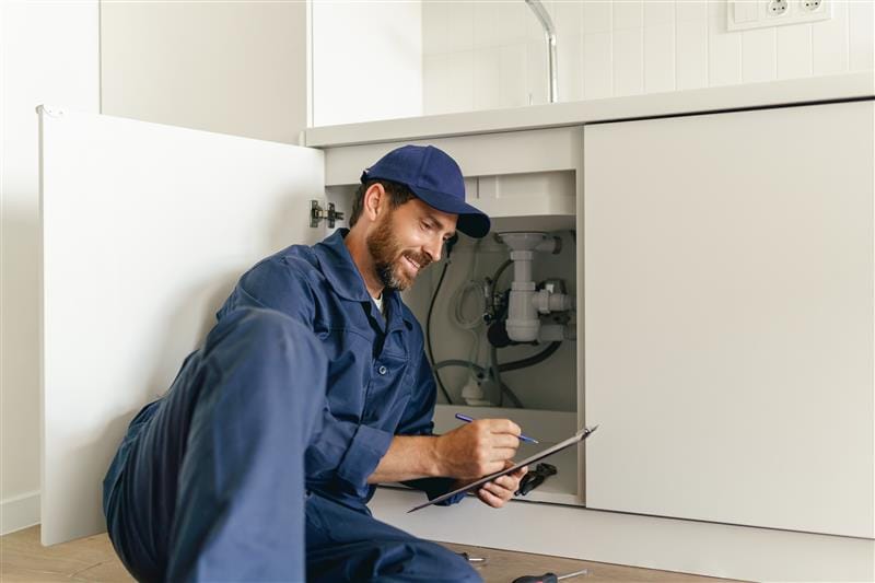 Residential plumber reviewing plumbing repairs in a Port Charlotte kitchen