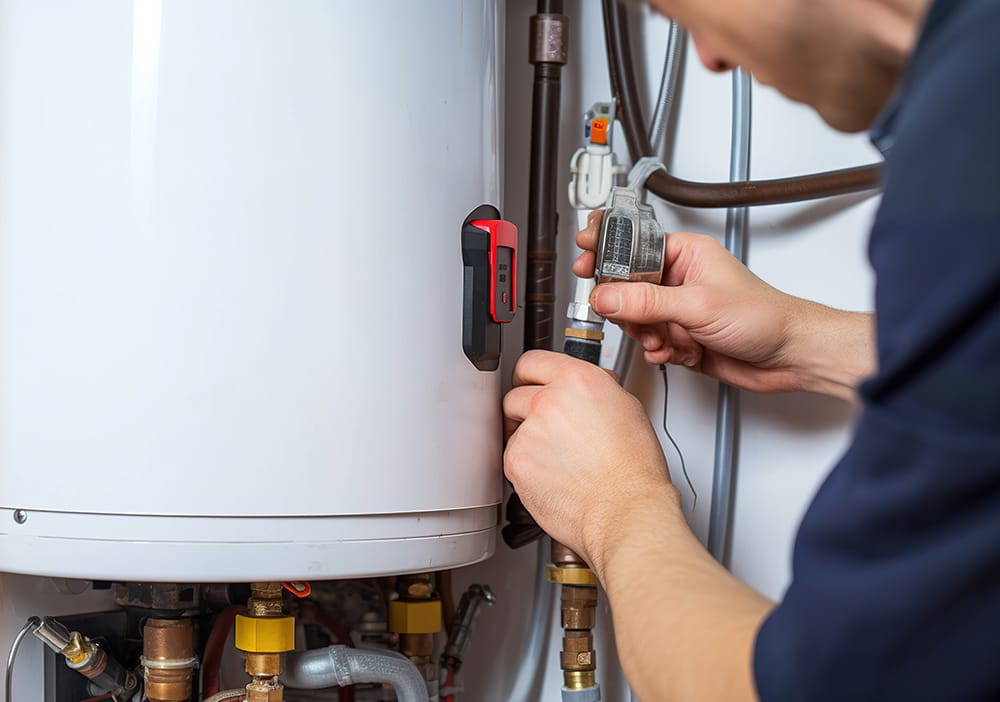 Technician repairing pipes connected to a water heater in Port Charlotte
